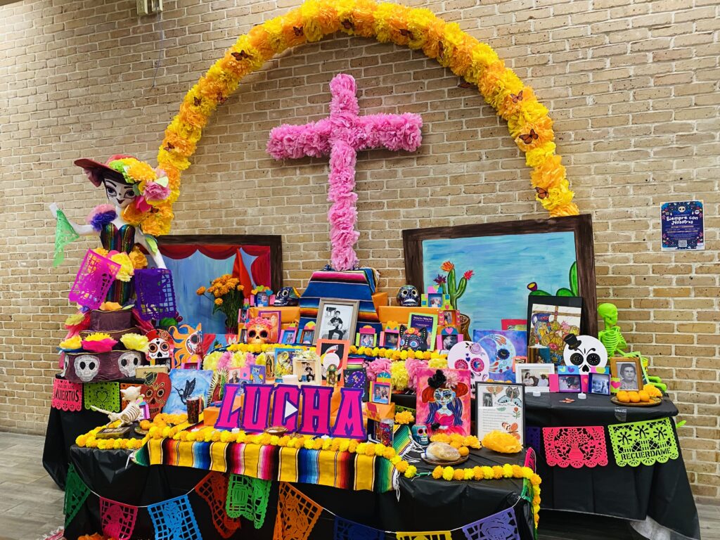 The altar for Día de los Muertos at the University Library lobby is set up Tuesday on the Edinburg campus.
 Celeste Cruz/Vaquero Radio