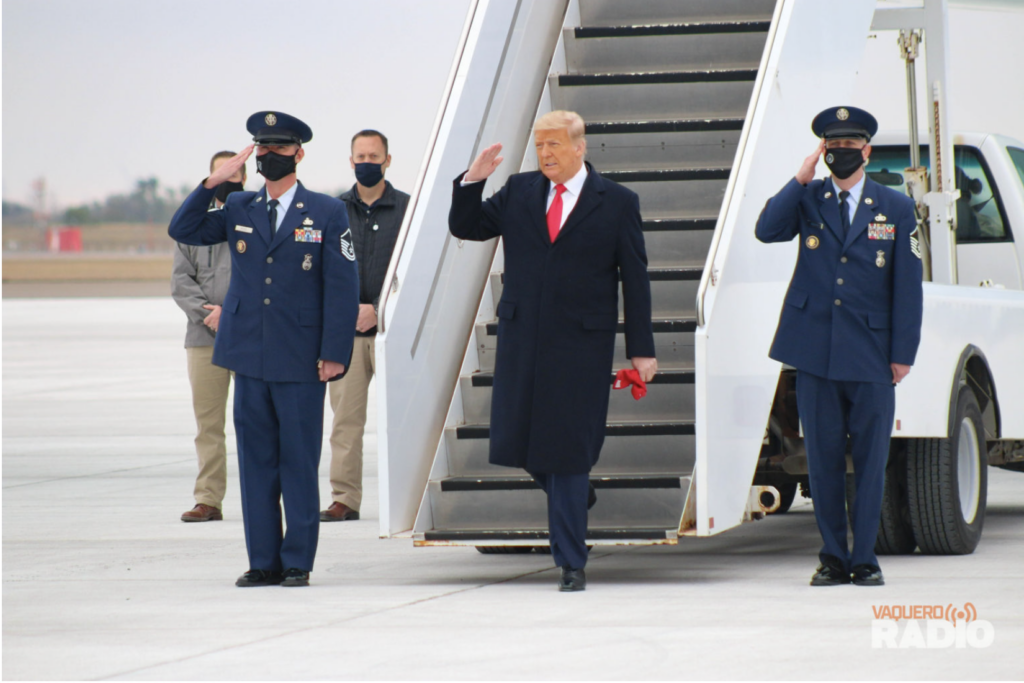 President Donald Trump salutes as he walks off Air Force One at Harlingen’s Valley International Airport for his visit to the Rio Grande Valley in 2021. The president’s visit to Alamo is to highlight the completion of more than 400 miles of border wall. 
JUSTIN ELIZALDE/VAQUERO RADIO PHOTOS